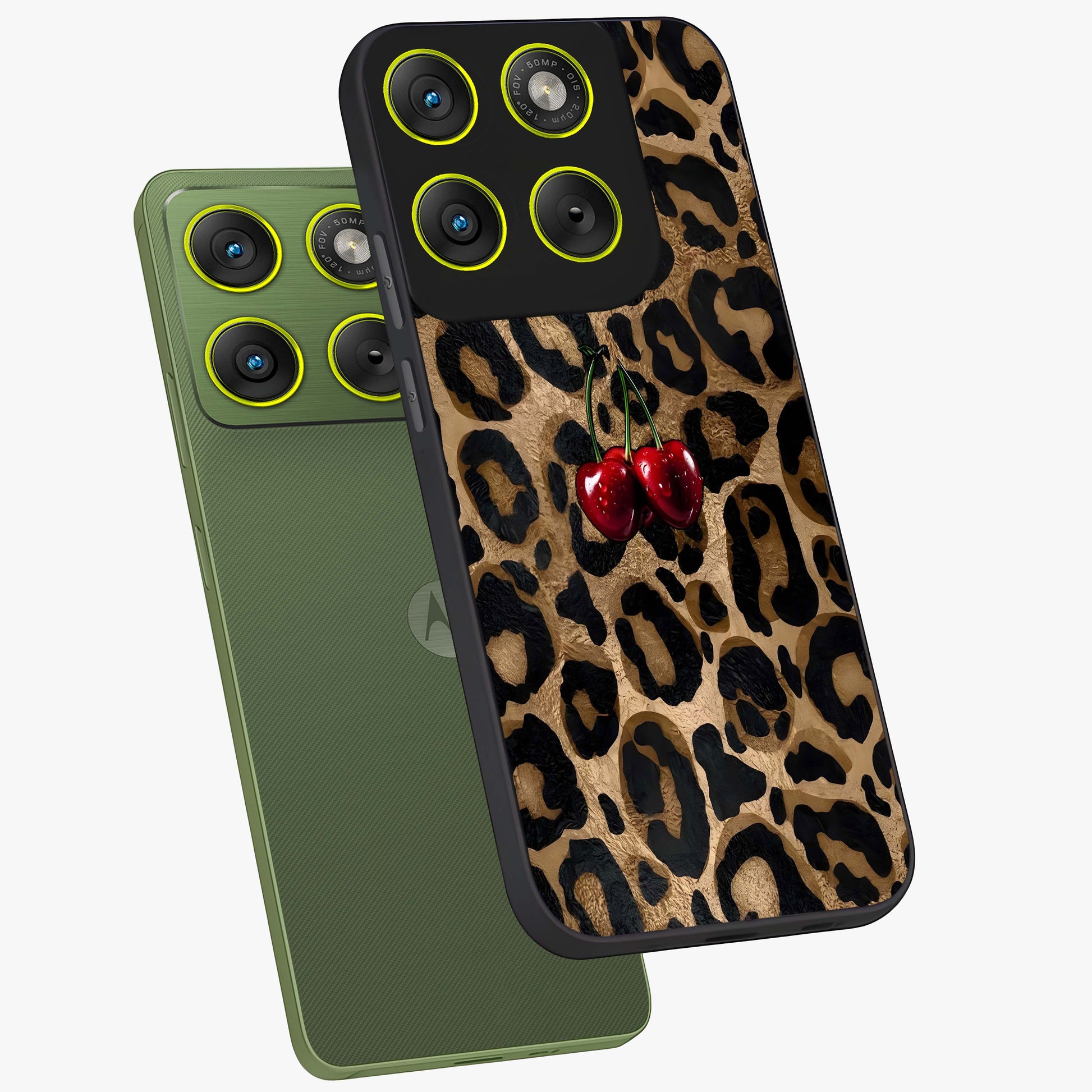 Leopard Wild Cherry Glass Case displayed in angled mockup highlighting bold animal print design with playful cherry aesthetic.