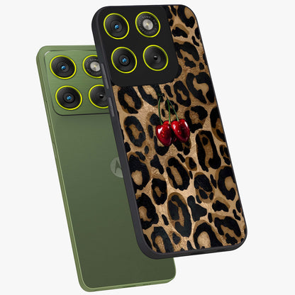 Leopard Wild Cherry Glass Case displayed in angled mockup highlighting bold animal print design with playful cherry aesthetic.
