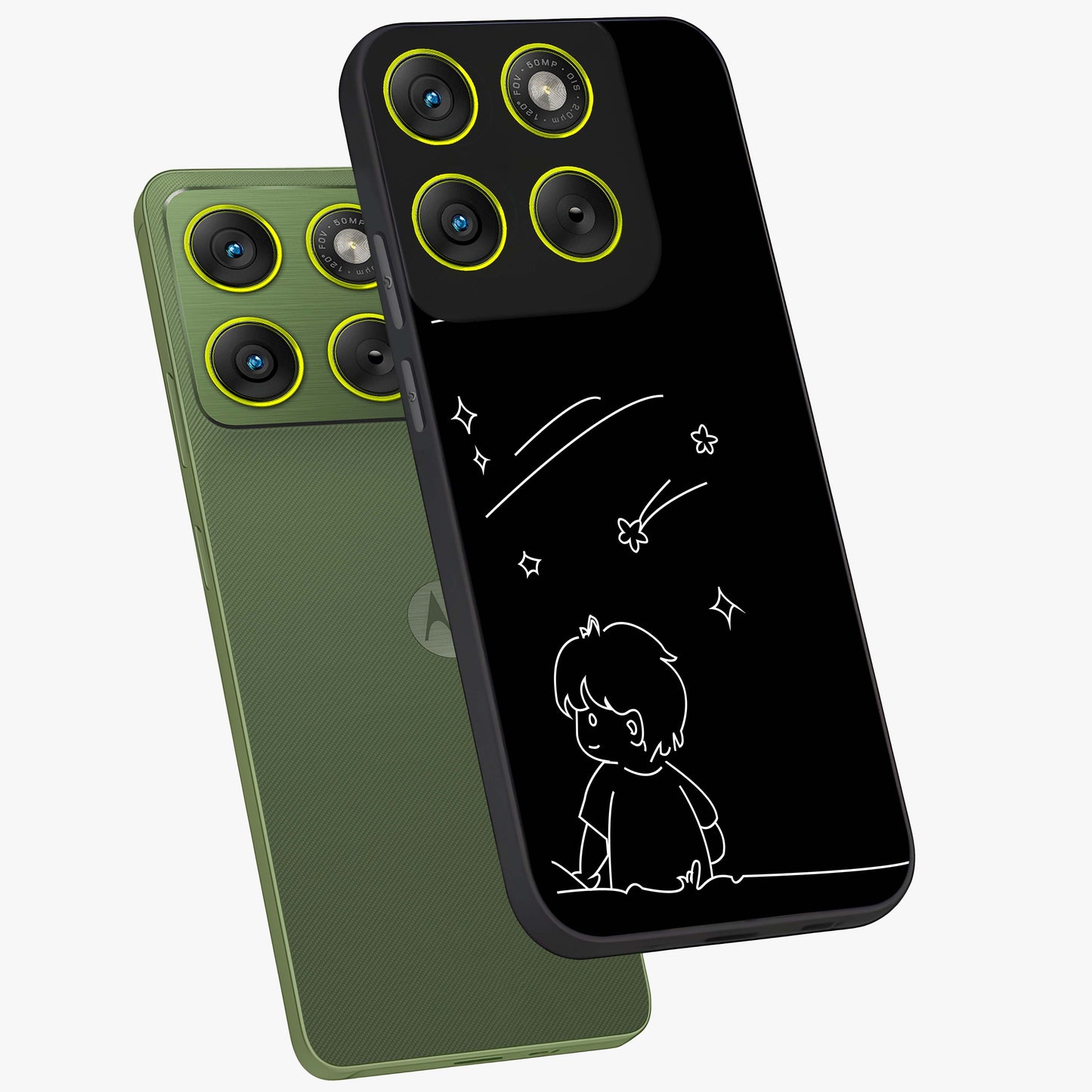 Line Art Boy With Shooting Stars Glass Case displayed in angled mockup highlighting elegant line art design with dreamy star aesthetic.
