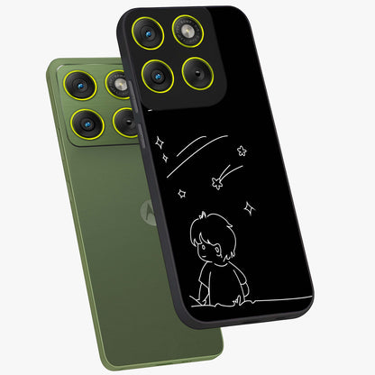 Line Art Boy With Shooting Stars Glass Case displayed in angled mockup highlighting elegant line art design with dreamy star aesthetic.