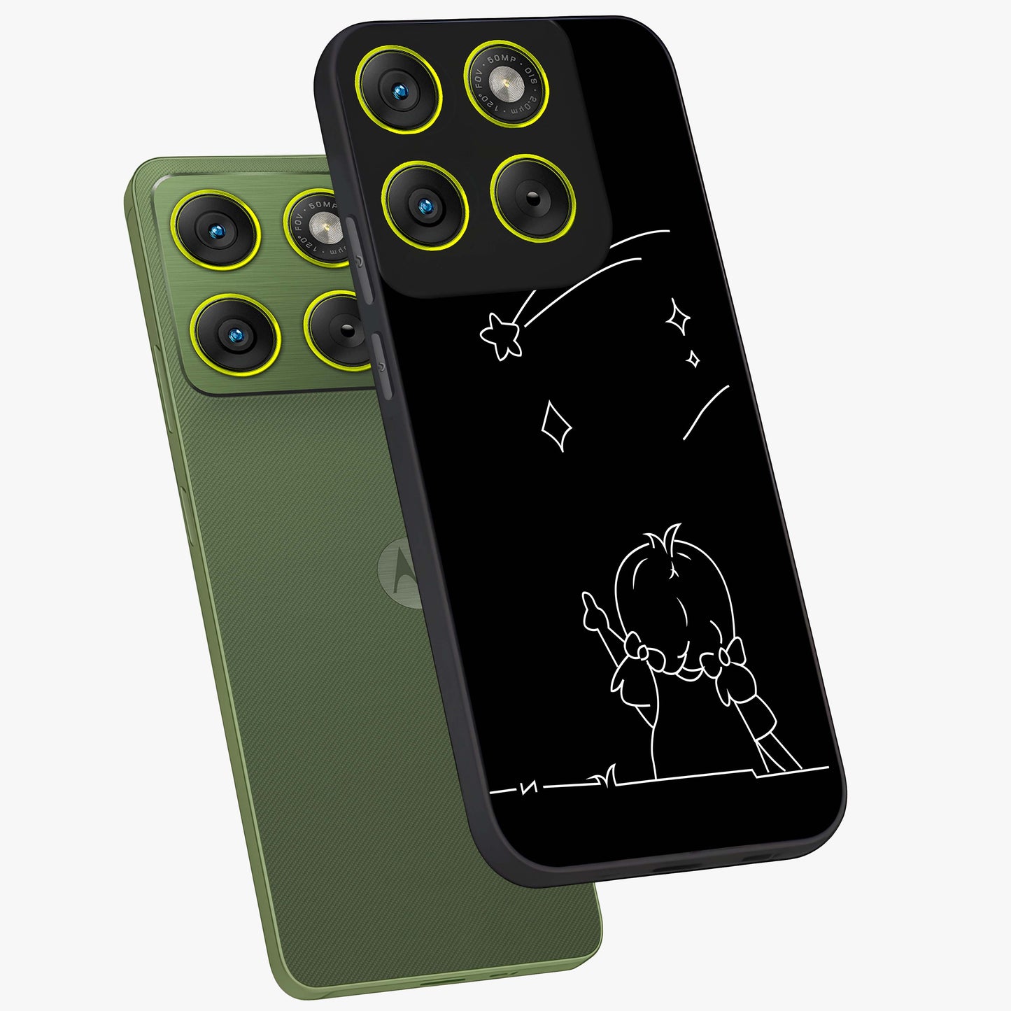 Line Art Girl With Shooting Stars Glass Case displayed in angled mockup highlighting elegant line art design with dreamy star aesthetic.