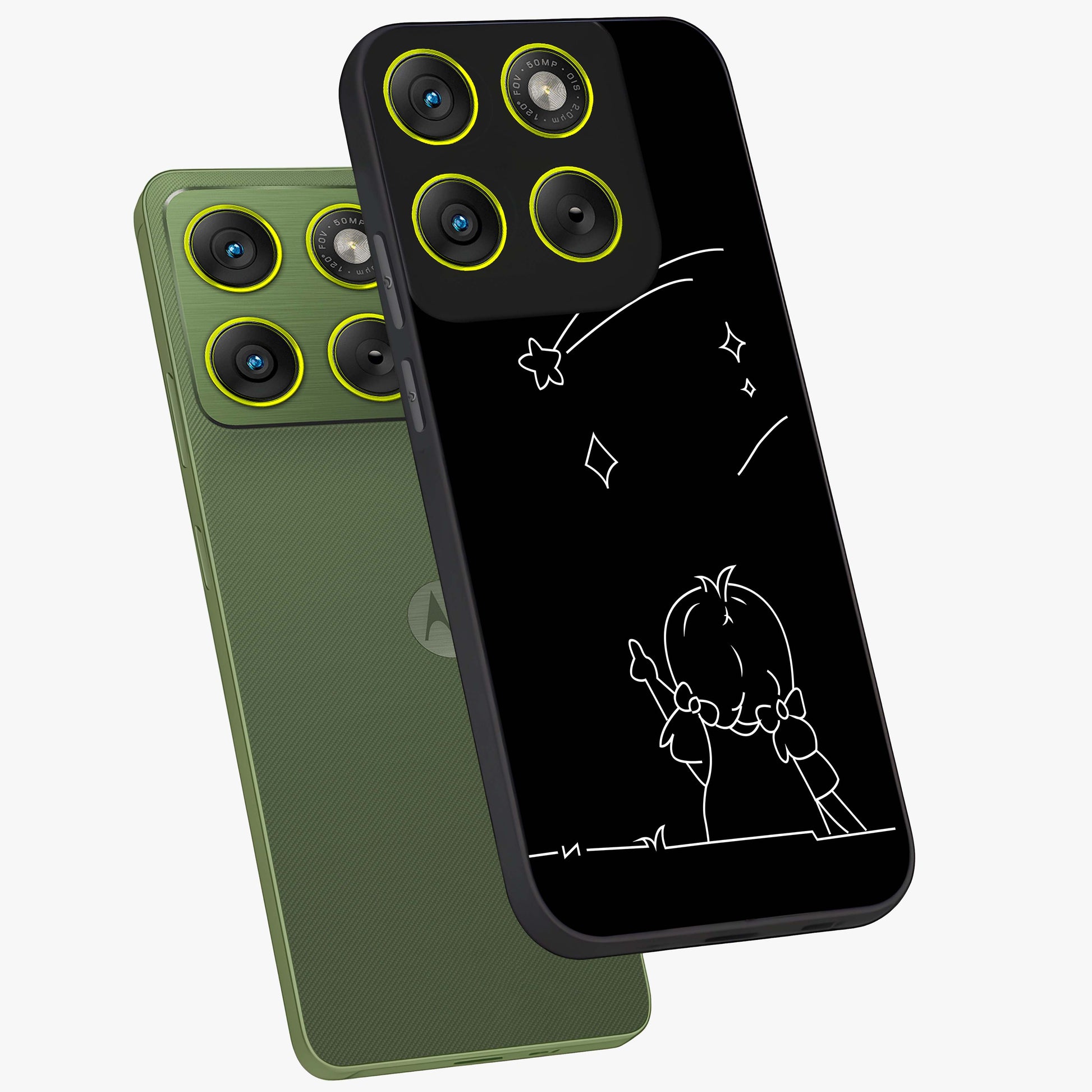 Line Art Girl With Shooting Stars Glass Case displayed in angled mockup highlighting elegant line art design with dreamy star aesthetic.