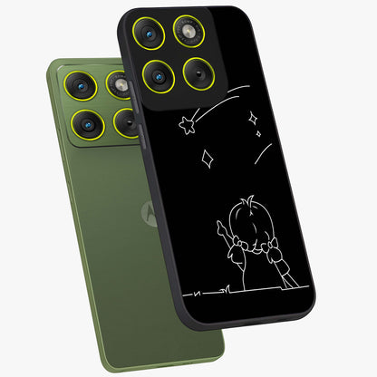 Line Art Girl With Shooting Stars Glass Case displayed in angled mockup highlighting elegant line art design with dreamy star aesthetic.