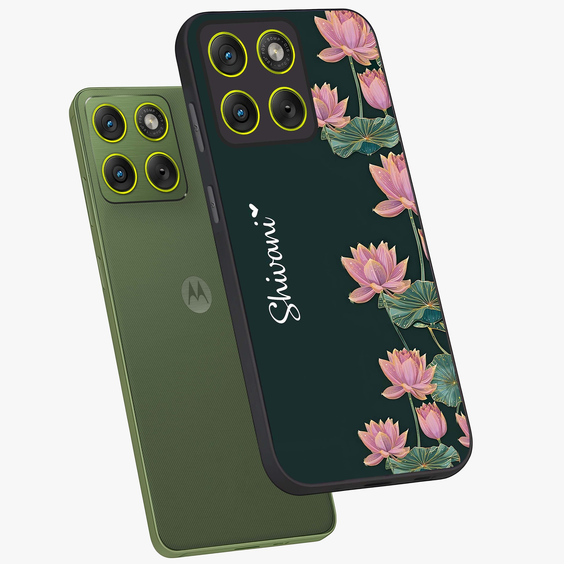Lotus Bloom Serenity Custom Name Glass Case displayed in angled mockup highlighting graceful lotus illustration with custom name feature.