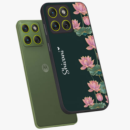 Lotus Bloom Serenity Custom Name Glass Case displayed in angled mockup highlighting graceful lotus illustration with custom name feature.