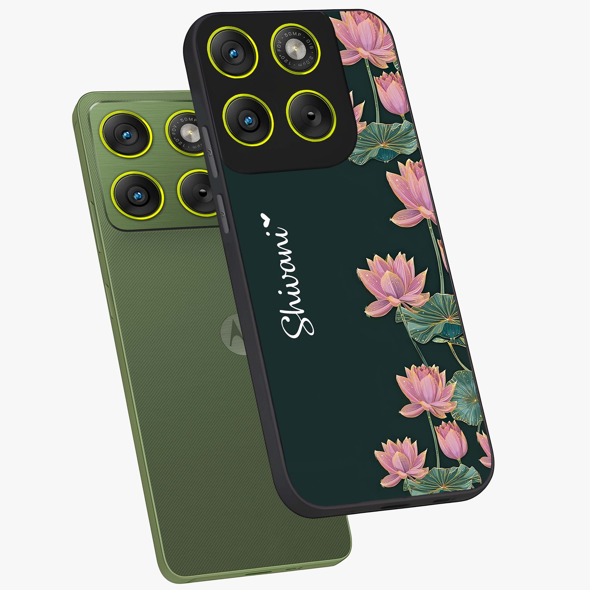 Lotus Bloom Serenity Custom Name Glass Case displayed in angled mockup highlighting graceful lotus illustration with custom name feature.