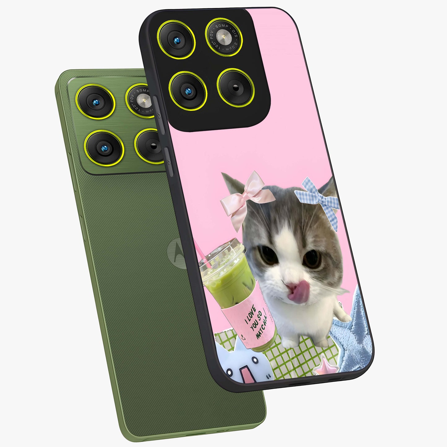 Love Matcha Cat Glass Case displayed in angled mockup highlighting playful feline illustration with cozy matcha aesthetic.
