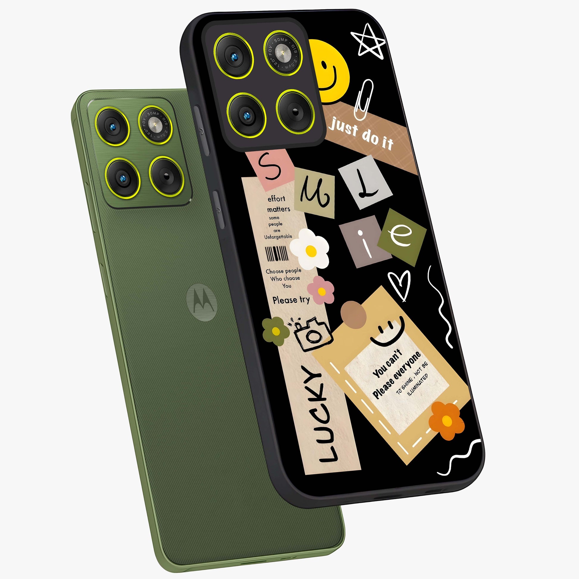 Lucky Aesthetic Collage Glass Case displayed in angled mockup highlighting stylish collage pattern with modern aesthetic vibe.