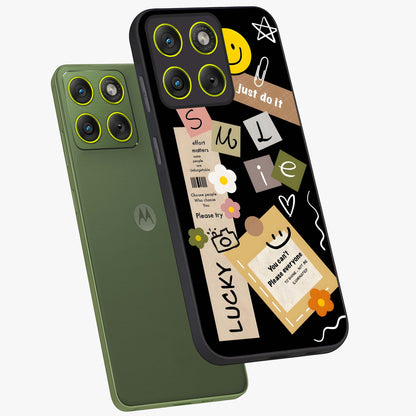 Lucky Aesthetic Collage Glass Case displayed in angled mockup highlighting stylish collage pattern with modern aesthetic vibe.