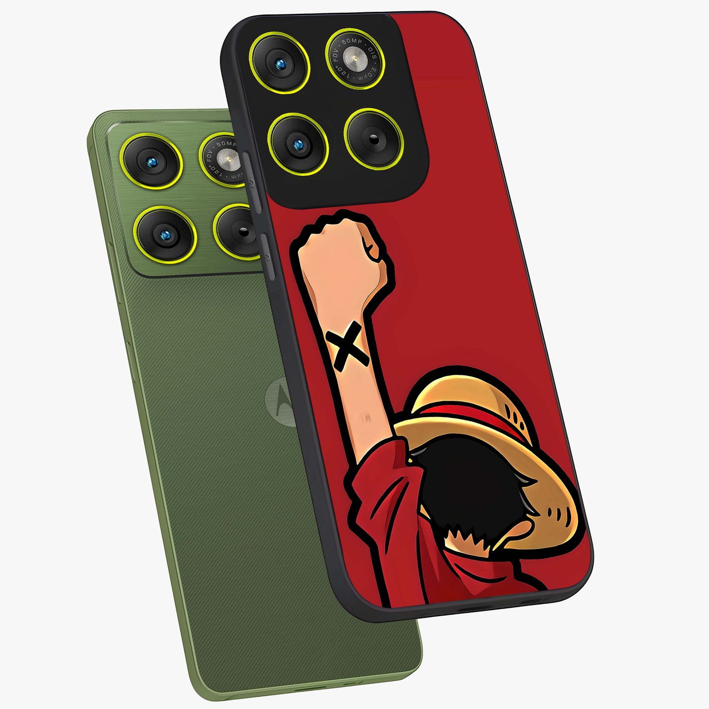 Luffy X Spirit Glass Case displayed in angled mockup highlighting powerful anime design with energetic action aesthetic.