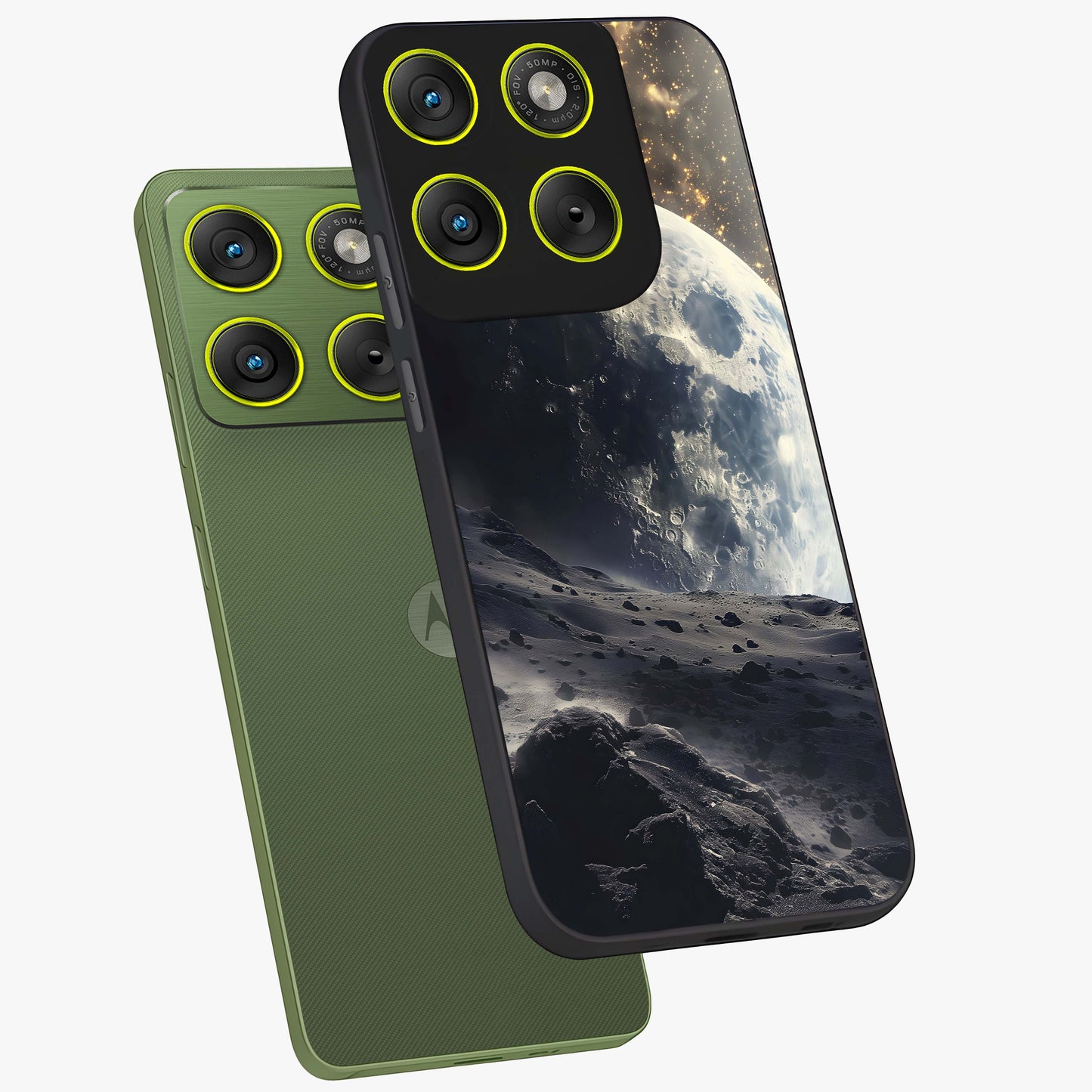 Lunar Horizon Glow Glass Case displayed in angled mockup highlighting celestial moon design with dreamy night aesthetic.