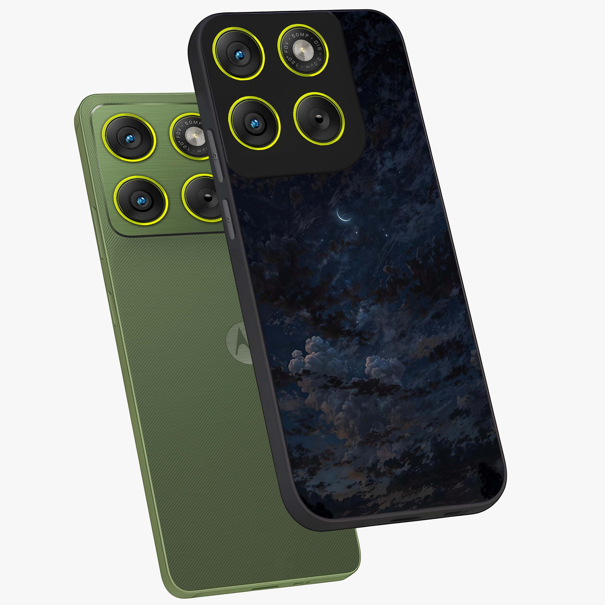 Lunar Veil Silence Glass Case displayed in angled mockup highlighting soft lunar design with peaceful celestial aesthetic.
