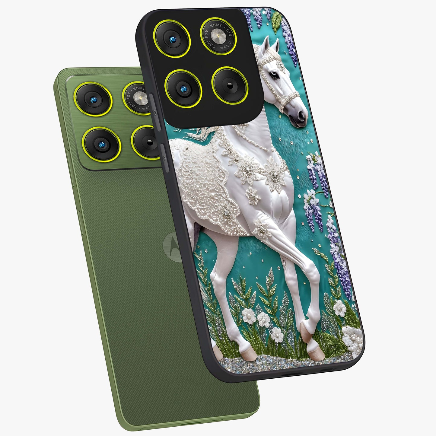 Majestic Floral Stallion Glass Case displayed in angled mockup highlighting majestic stallion illustration with elegant floral aesthetic.