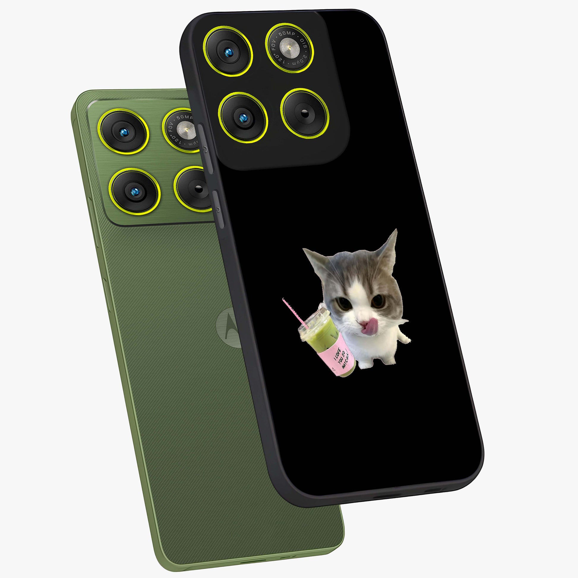 Matcha Cat Style Glass Case displayed in angled mockup highlighting playful feline design with pastel matcha aesthetic.