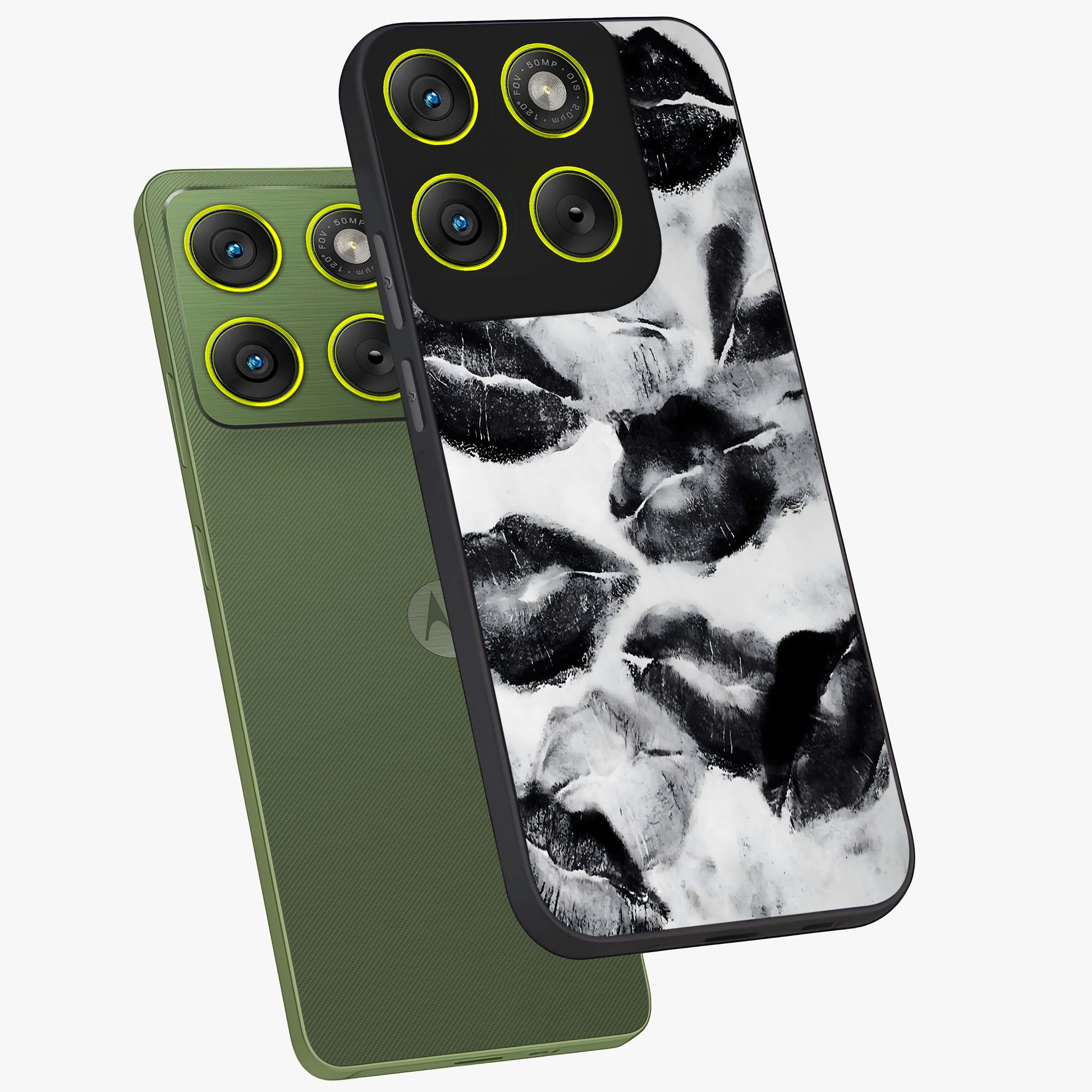 Midnight Kiss Marks Glass Case displayed in angled mockup highlighting playful romantic design with bold midnight aesthetic.