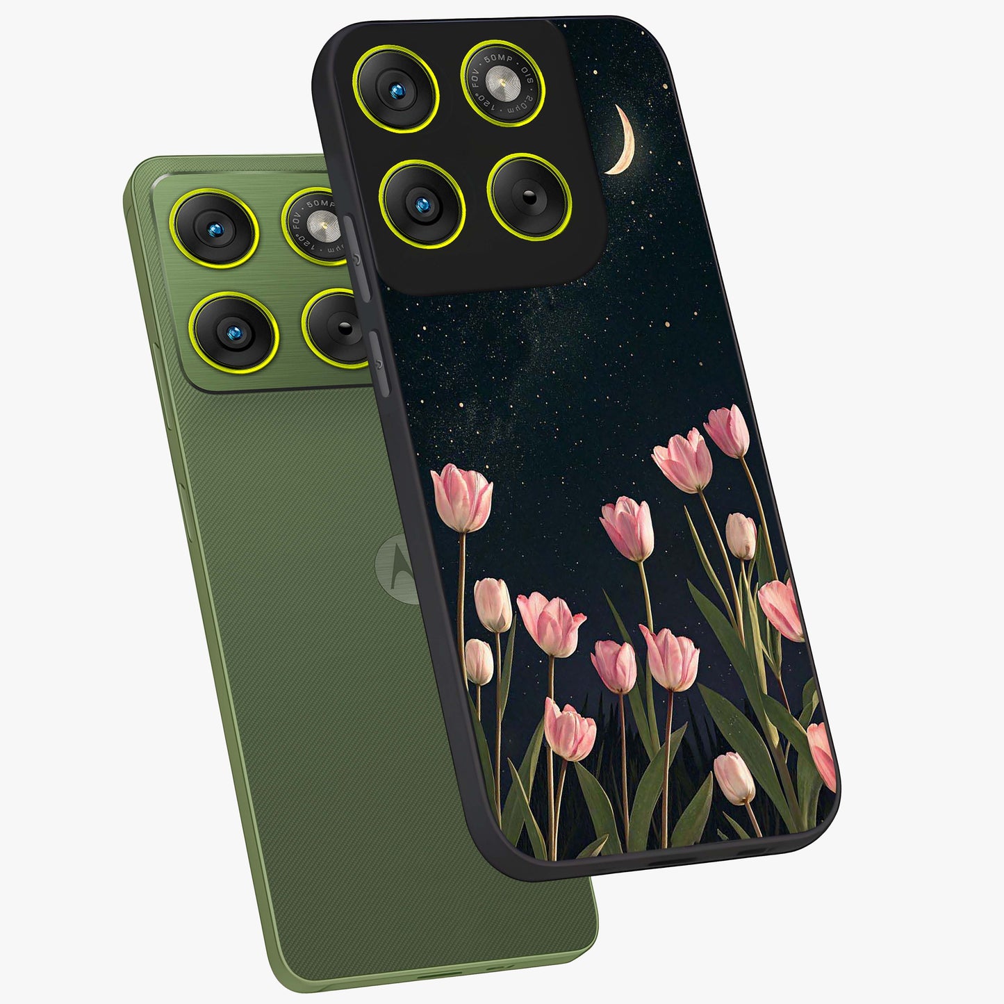 Midnight Tulip Whispers Vibe Glass Case displayed in angled mockup highlighting delicate tulip design with midnight floral aesthetic.