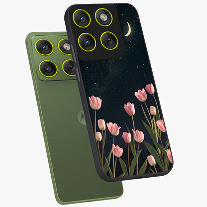 Midnight Tulip Whispers Vibe Glass Case displayed in angled mockup highlighting delicate tulip design with midnight floral aesthetic.