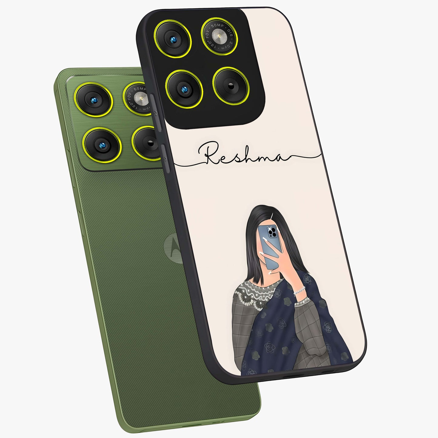 Mirror Mood Muse With Custom Name Glass Case displayed in angled mockup highlighting aesthetic mirror inspired design with custom name feature.