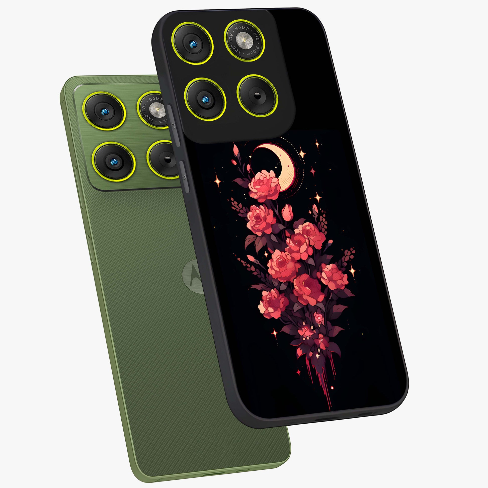 Moonlit Floral Elegance Glass Case displayed in angled mockup highlighting graceful flower design with soft moonlight aesthetic.
