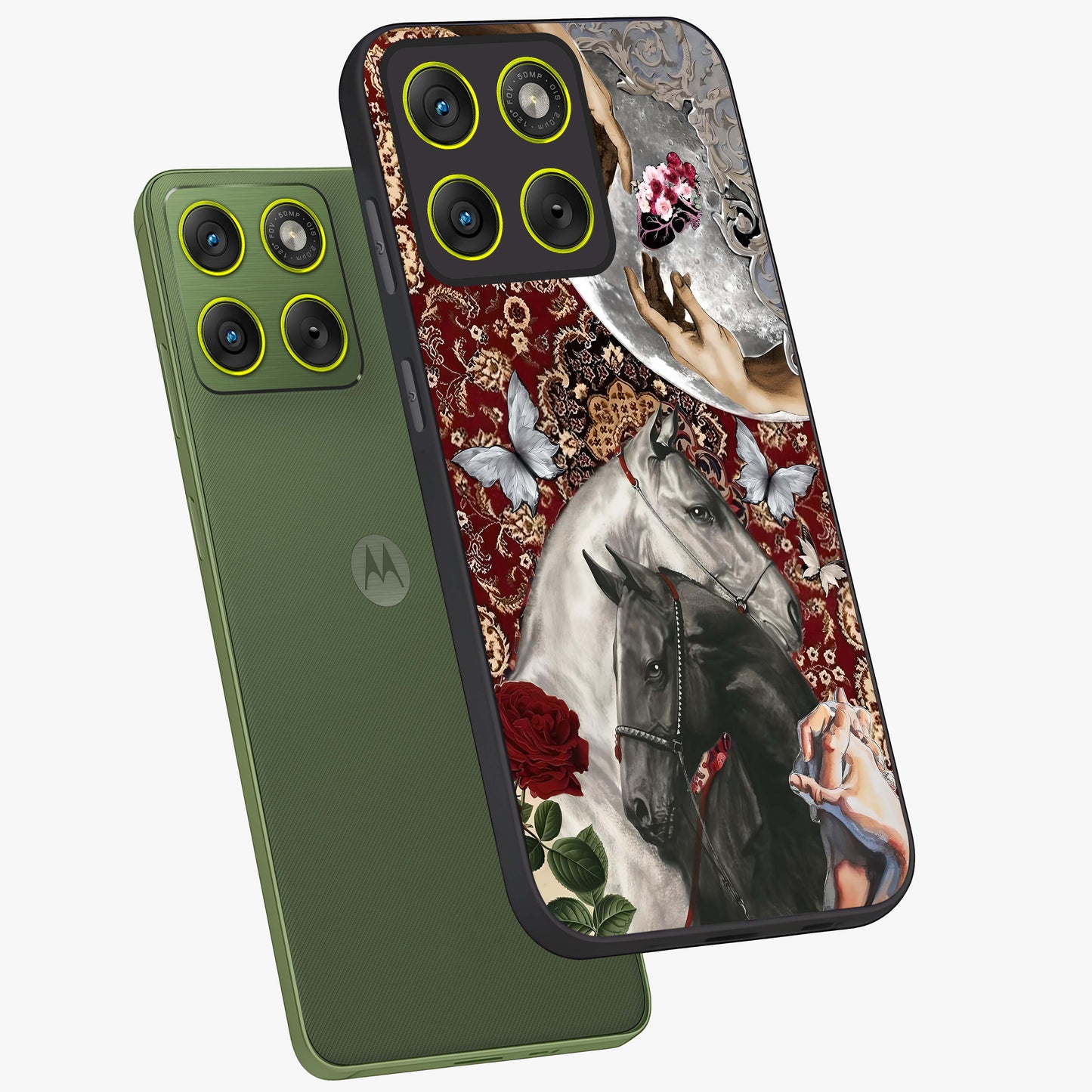 Moonlit Royal Stallion Glass Case displayed in angled mockup highlighting powerful stallion illustration with royal night aesthetic.