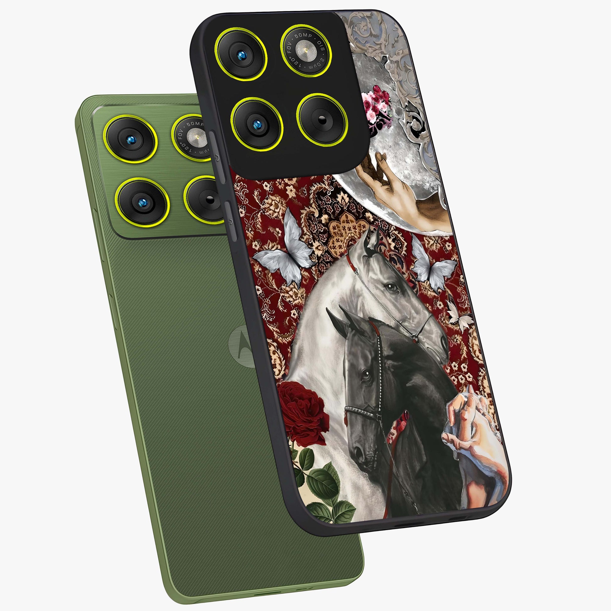 Moonlit Royal Stallion Glass Case displayed in angled mockup highlighting powerful stallion illustration with royal night aesthetic.