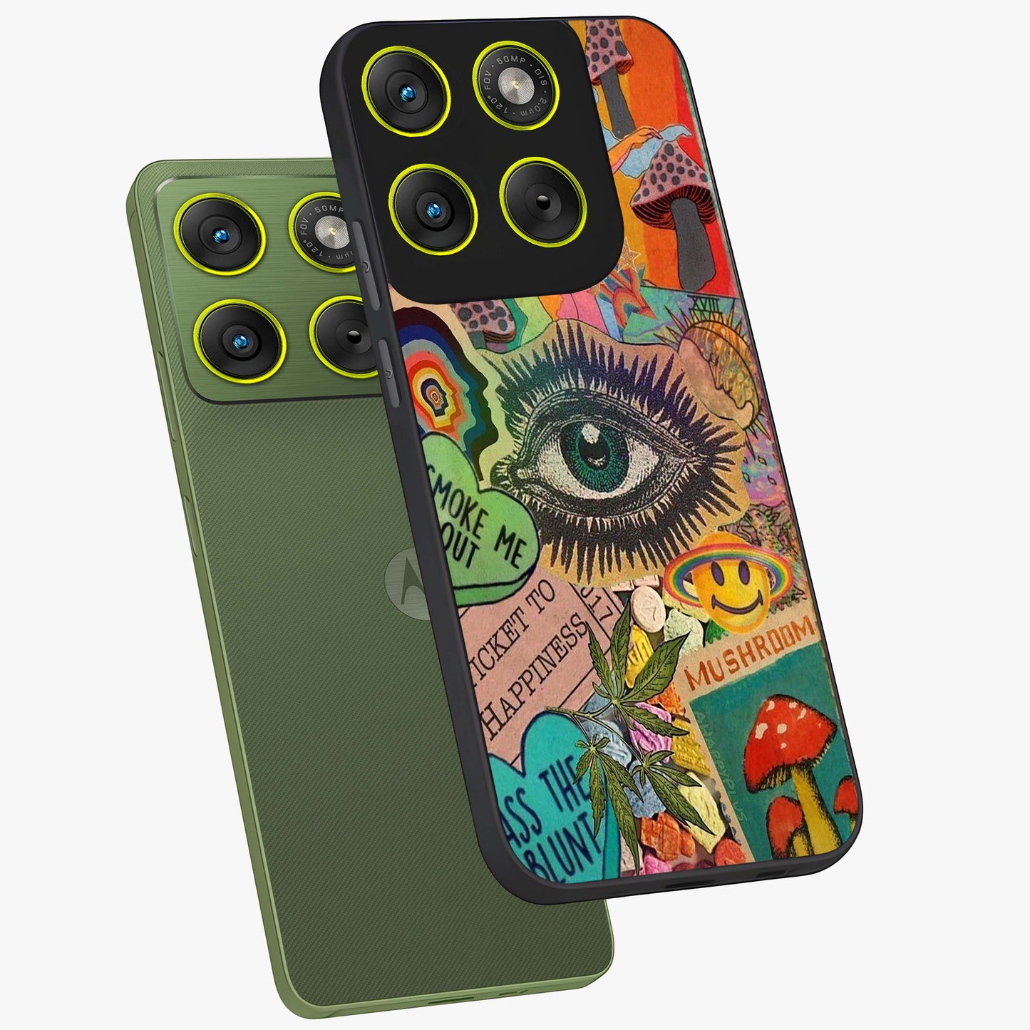 Mystic Eye Wonderland Glass Case displayed in angled mockup highlighting magical eye illustration with dreamy aesthetic.