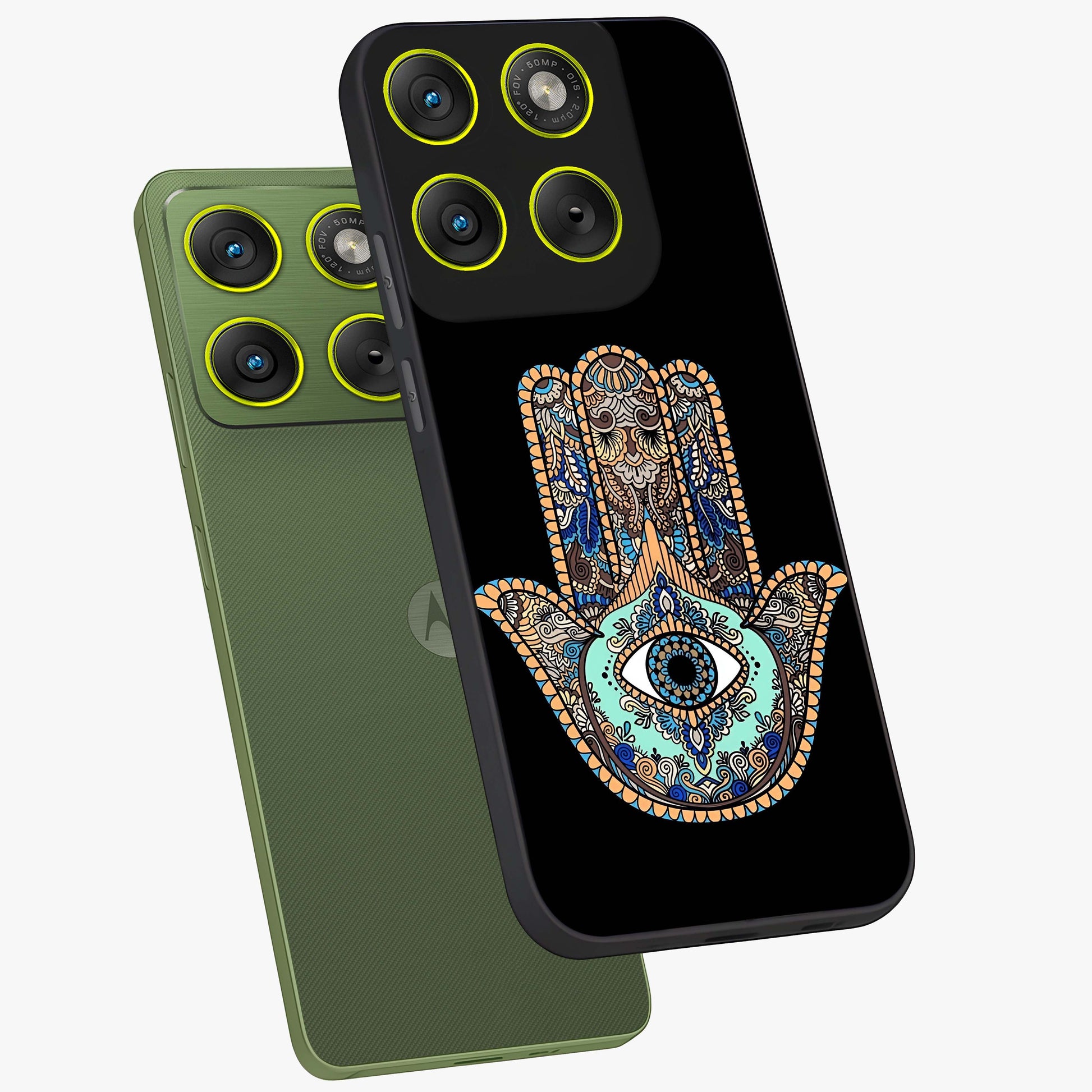 Mystic Hamsa Eye Glass Case displayed in angled mockup highlighting spiritual hamsa symbol with mystical aesthetic style.