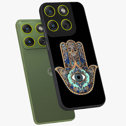 Mystic Hamsa Eye Glass Case displayed in angled mockup highlighting spiritual hamsa symbol with mystical aesthetic style.