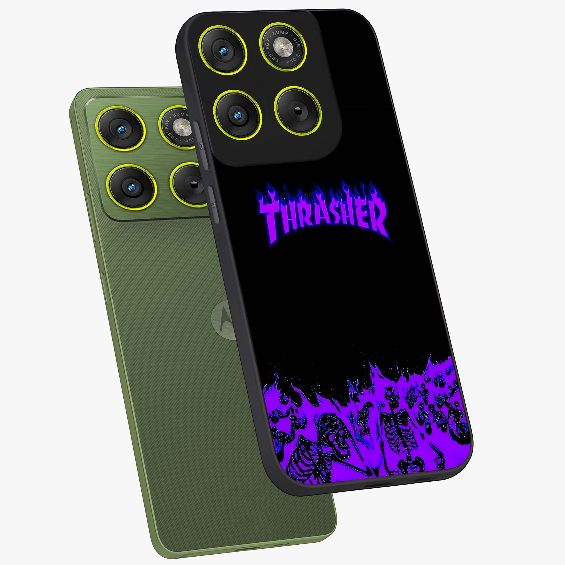 Neon Flame Riot Glass Case displayed in angled mockup highlighting glowing flame design with vibrant neon aesthetic.