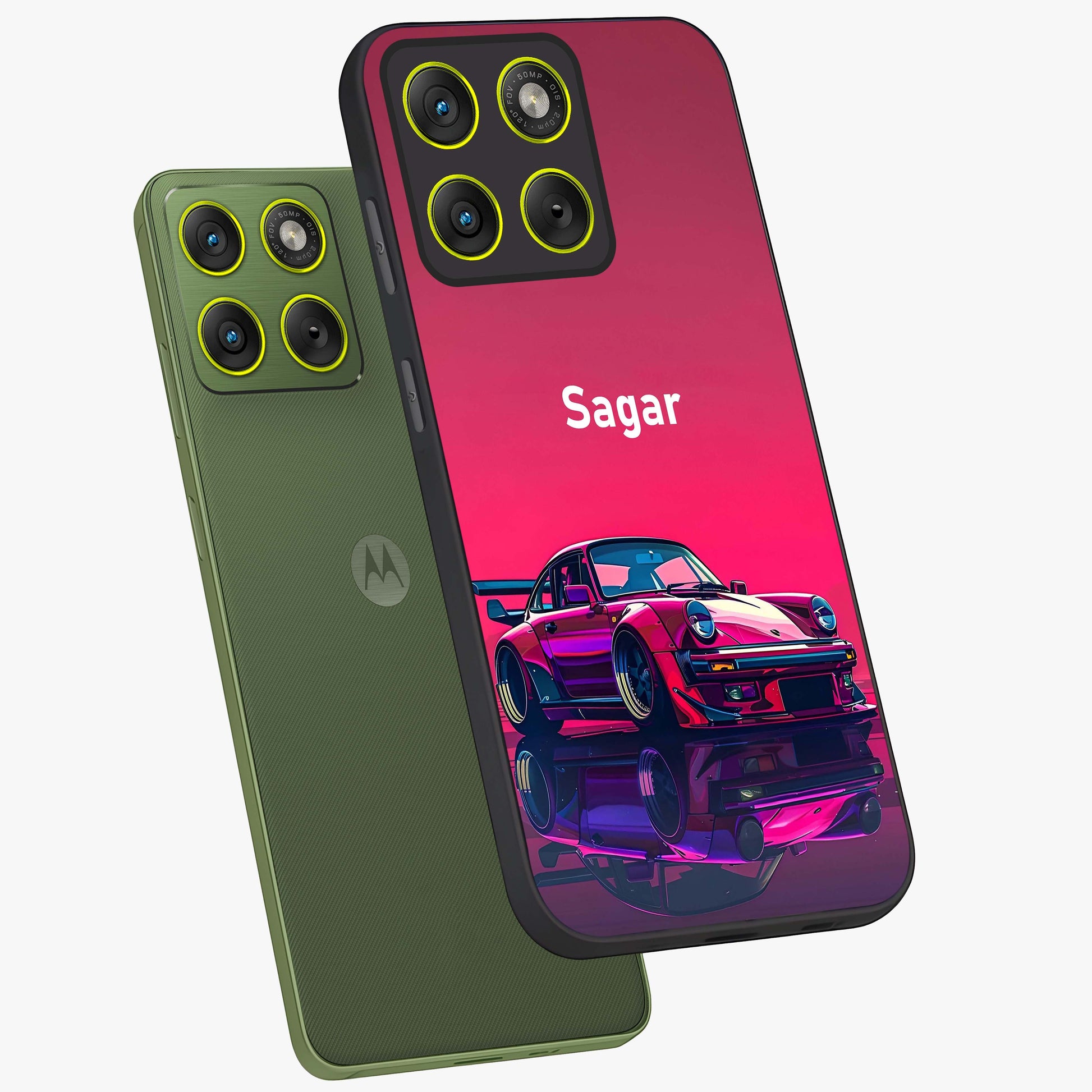 Neon Pink Porsche Glass Case displayed in angled mockup highlighting sleek neon pink car design with racing aesthetic.