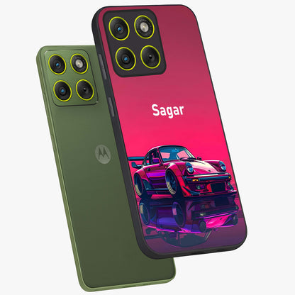 Neon Pink Porsche Glass Case displayed in angled mockup highlighting sleek neon pink car design with racing aesthetic.