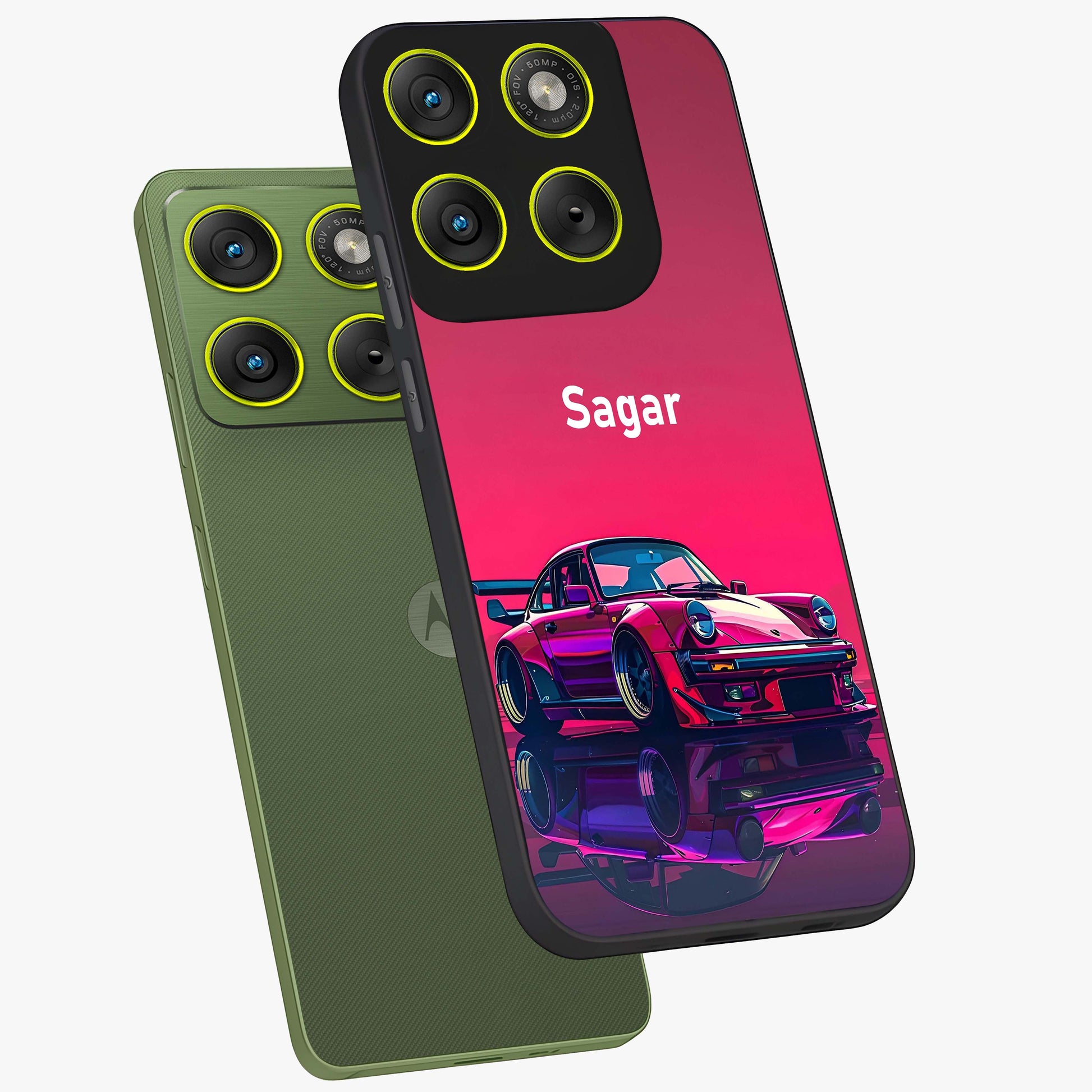 Neon Pink Porsche Glass Case displayed in angled mockup highlighting sleek neon pink car design with racing aesthetic.
