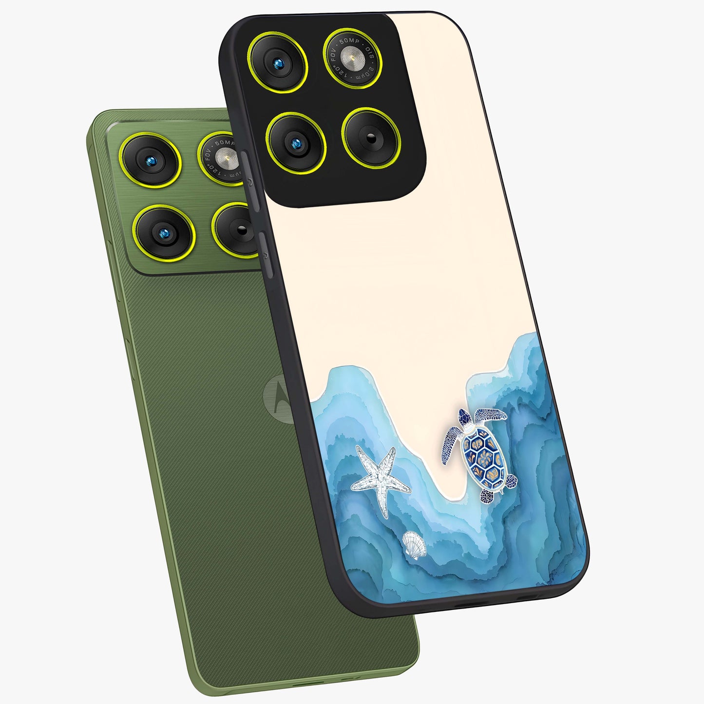 Ocean Drift Turtle Glass Case displayed in angled mockup highlighting peaceful ocean turtle illustration with marine aesthetic.