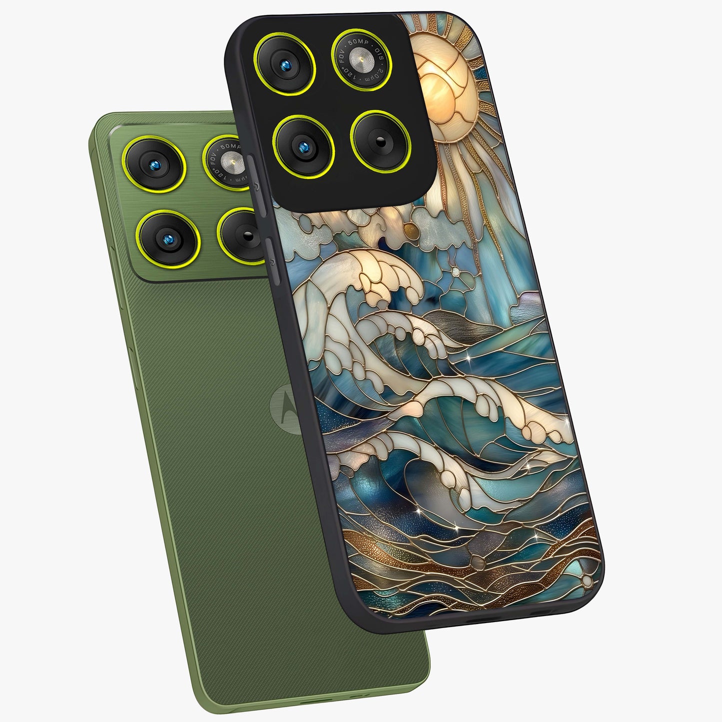 Oceanic Stained Printed Glass Case displayed in angled mockup highlighting colorful aquatic design with artistic aesthetic style.