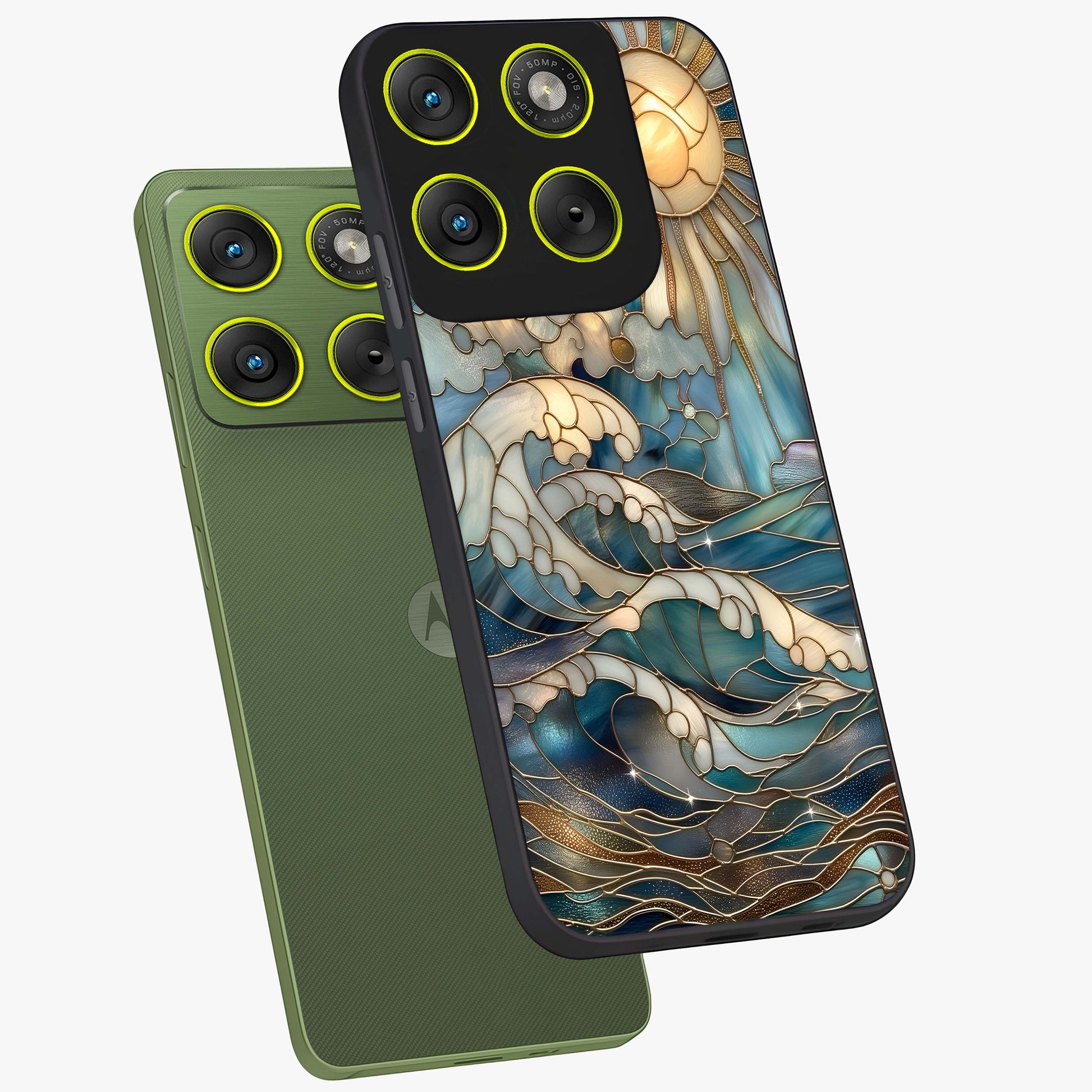 Oceanic Stained Printed Glass Case displayed in angled mockup highlighting colorful aquatic design with artistic aesthetic style.