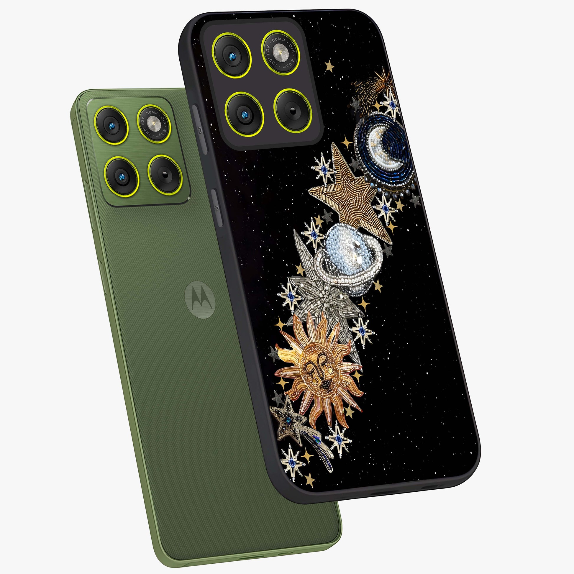 Pearls Universe Object Glass Case displayed in angled mockup highlighting celestial pearl design with dreamy aesthetic.