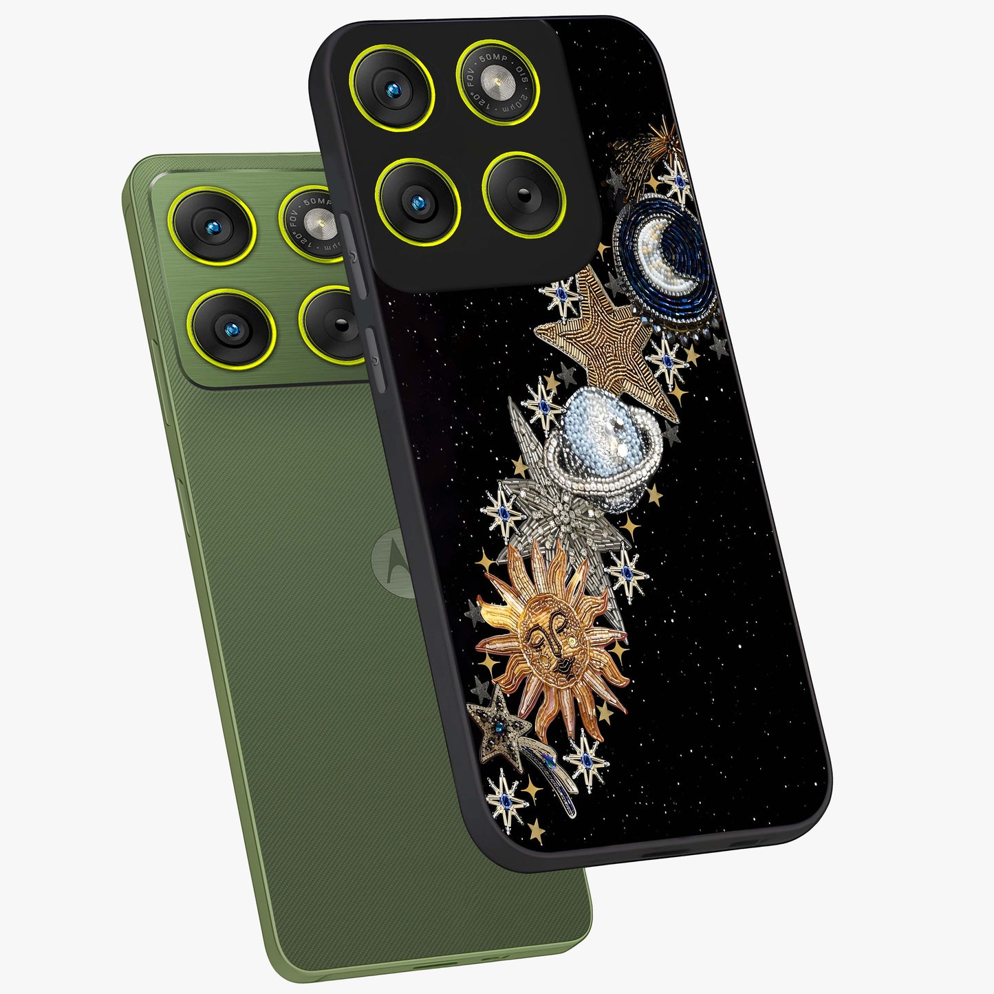 Pearls Universe Object Glass Case displayed in angled mockup highlighting celestial pearl design with dreamy aesthetic.