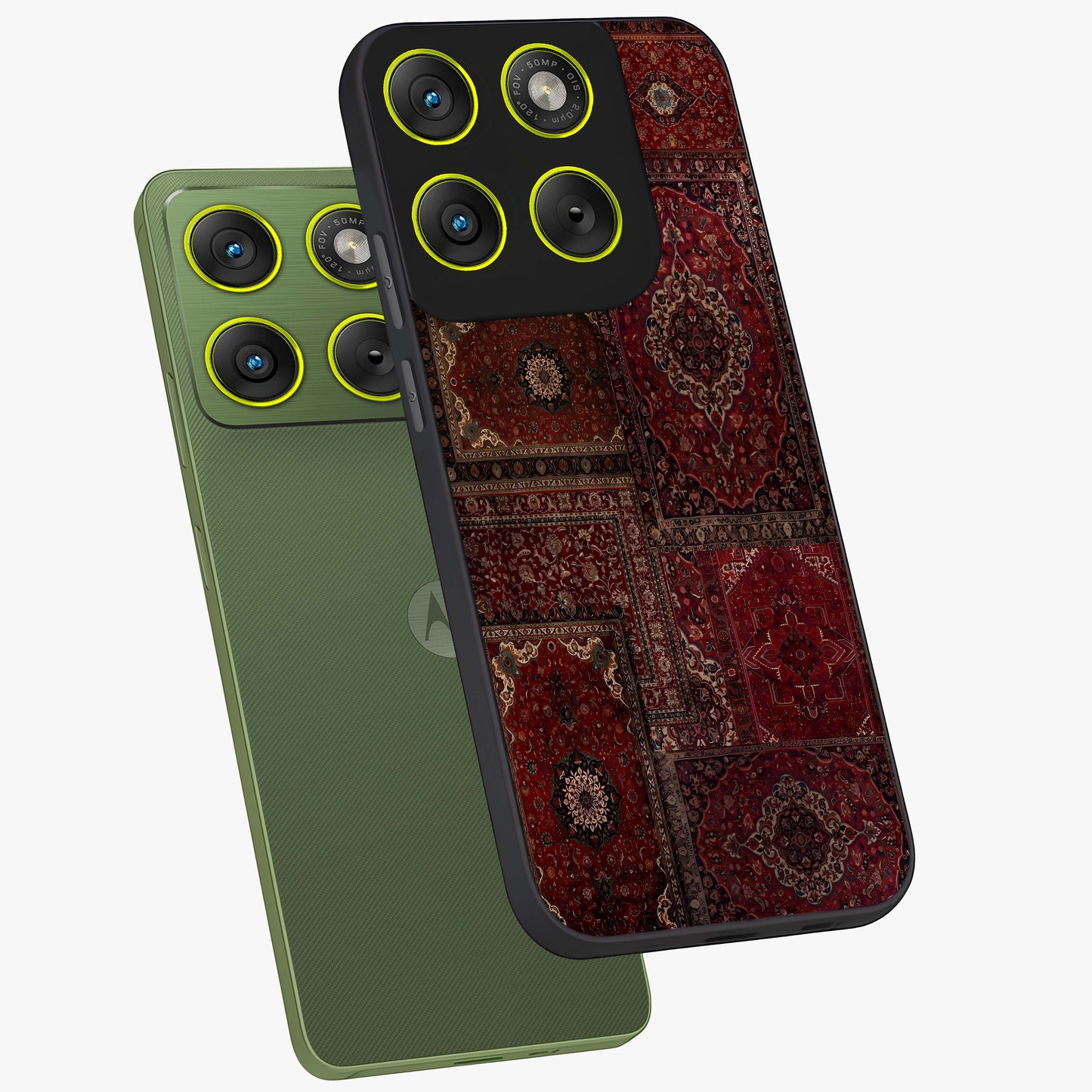 Persian Velvet Tale Glass Case displayed in angled mockup highlighting ornate textile inspired design with royal aesthetic.