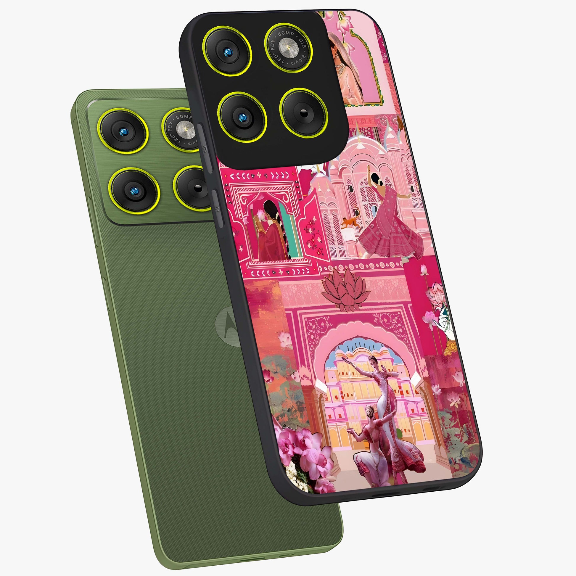 Pink Palace Muse Glass Case displayed in angled mockup highlighting dreamy palace illustration with soft pink aesthetic.