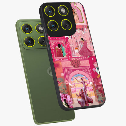 Pink Palace Muse Glass Case displayed in angled mockup highlighting dreamy palace illustration with soft pink aesthetic.