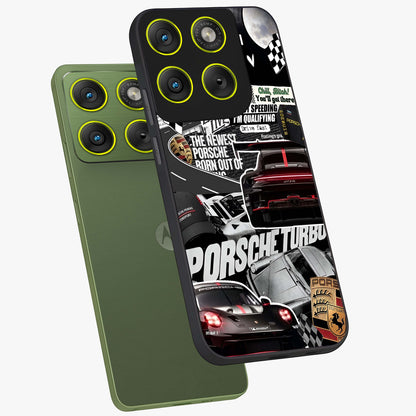 Porsche Racing Collage Glass Case displayed in angled mockup highlighting dynamic automotive design with bold racing aesthetic.