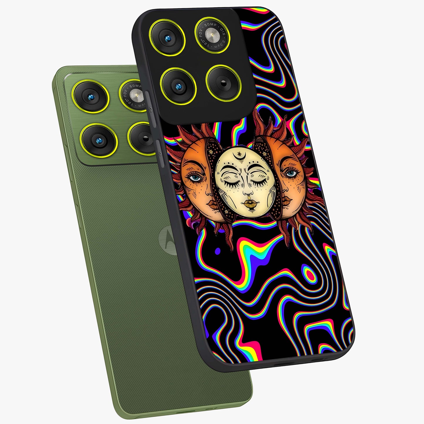 Psychedelic Sun Glass Case displayed in angled mockup highlighting vibrant abstract sun design with artistic aesthetic style.