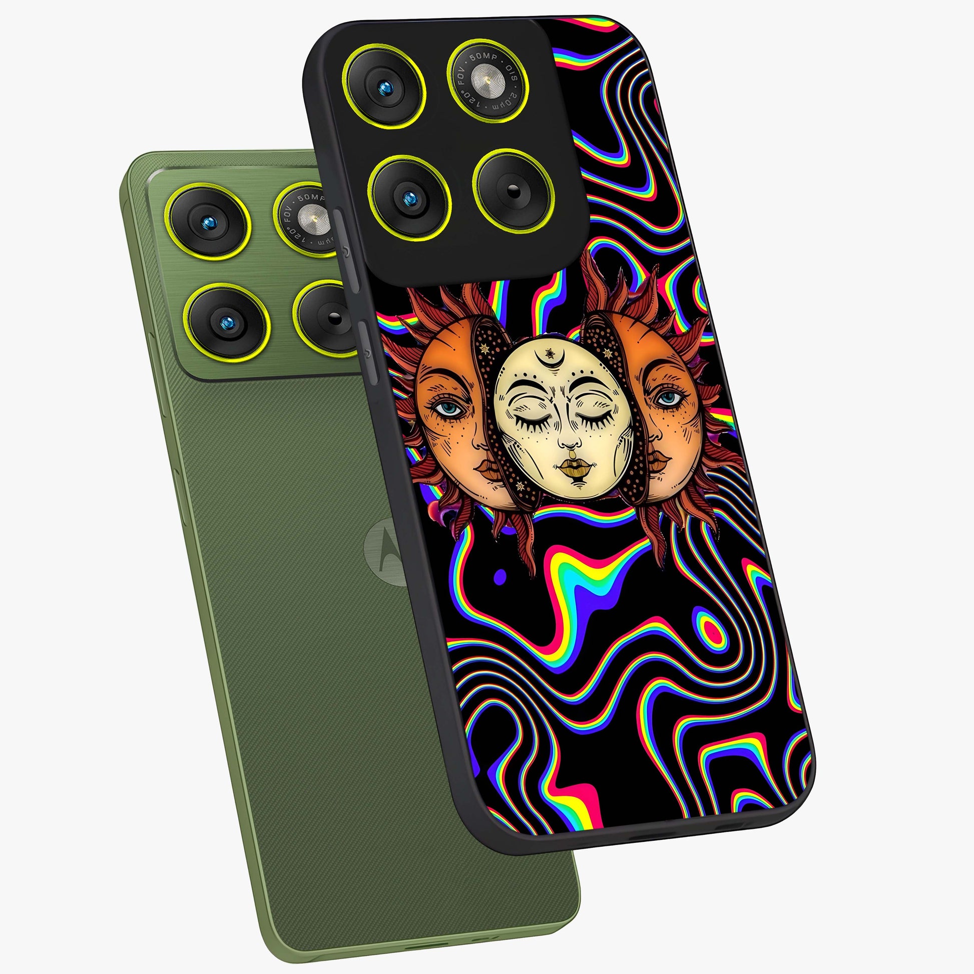 Psychedelic Sun Glass Case displayed in angled mockup highlighting vibrant abstract sun design with artistic aesthetic style.