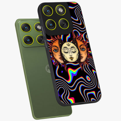 Psychedelic Sun Glass Case displayed in angled mockup highlighting vibrant abstract sun design with artistic aesthetic style.