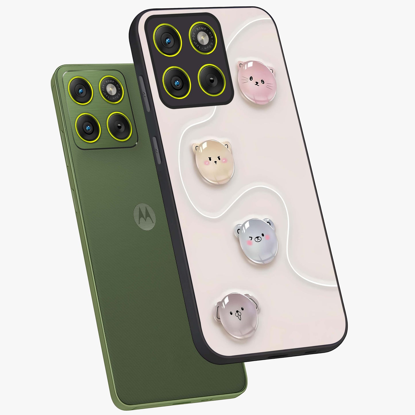 Puffy Face Parade Glass Case displayed in angled mockup highlighting playful cartoon face design with fun aesthetic.