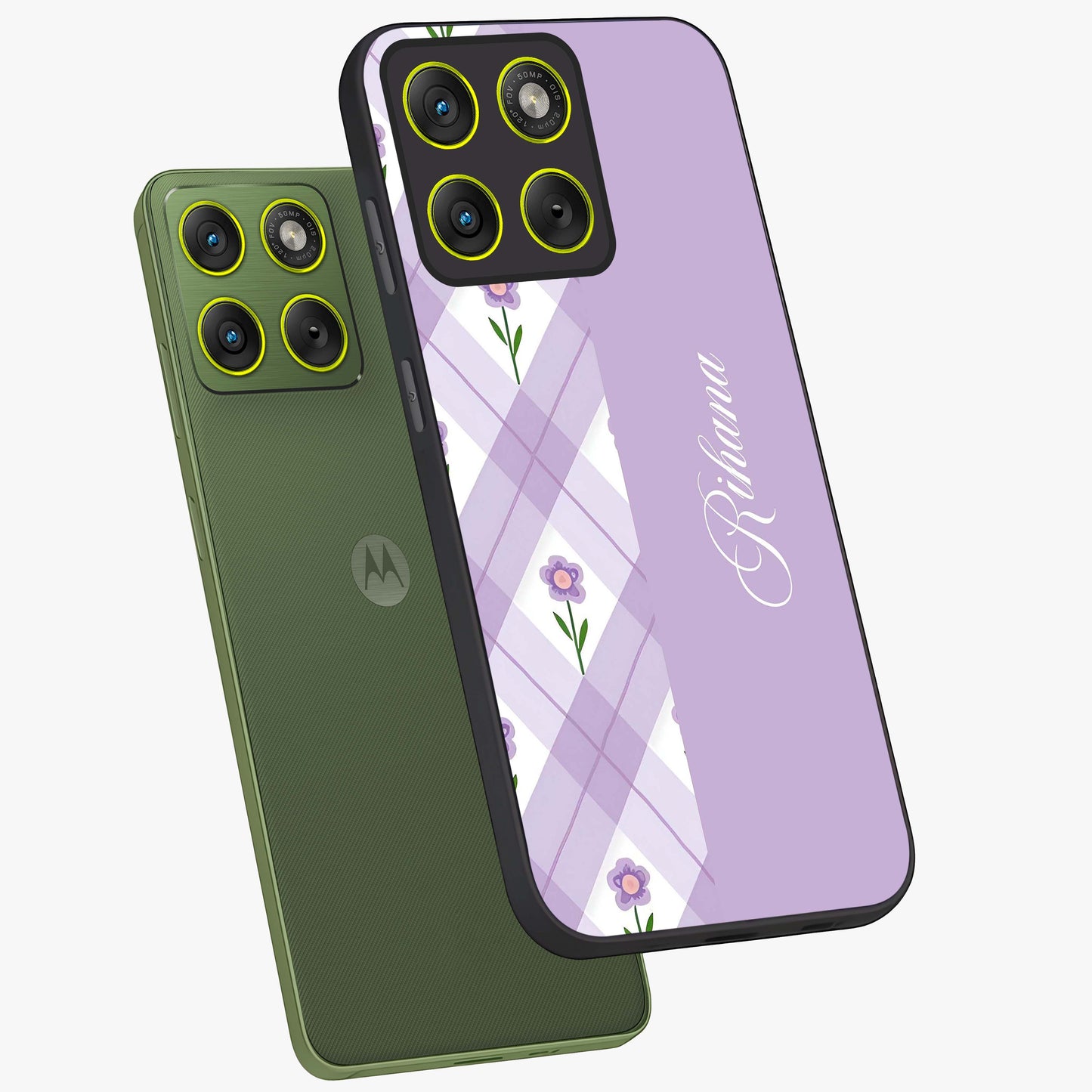 Purple Diamond Floral Glass Case displayed in angled mockup highlighting elegant purple flower design with decorative pattern.
