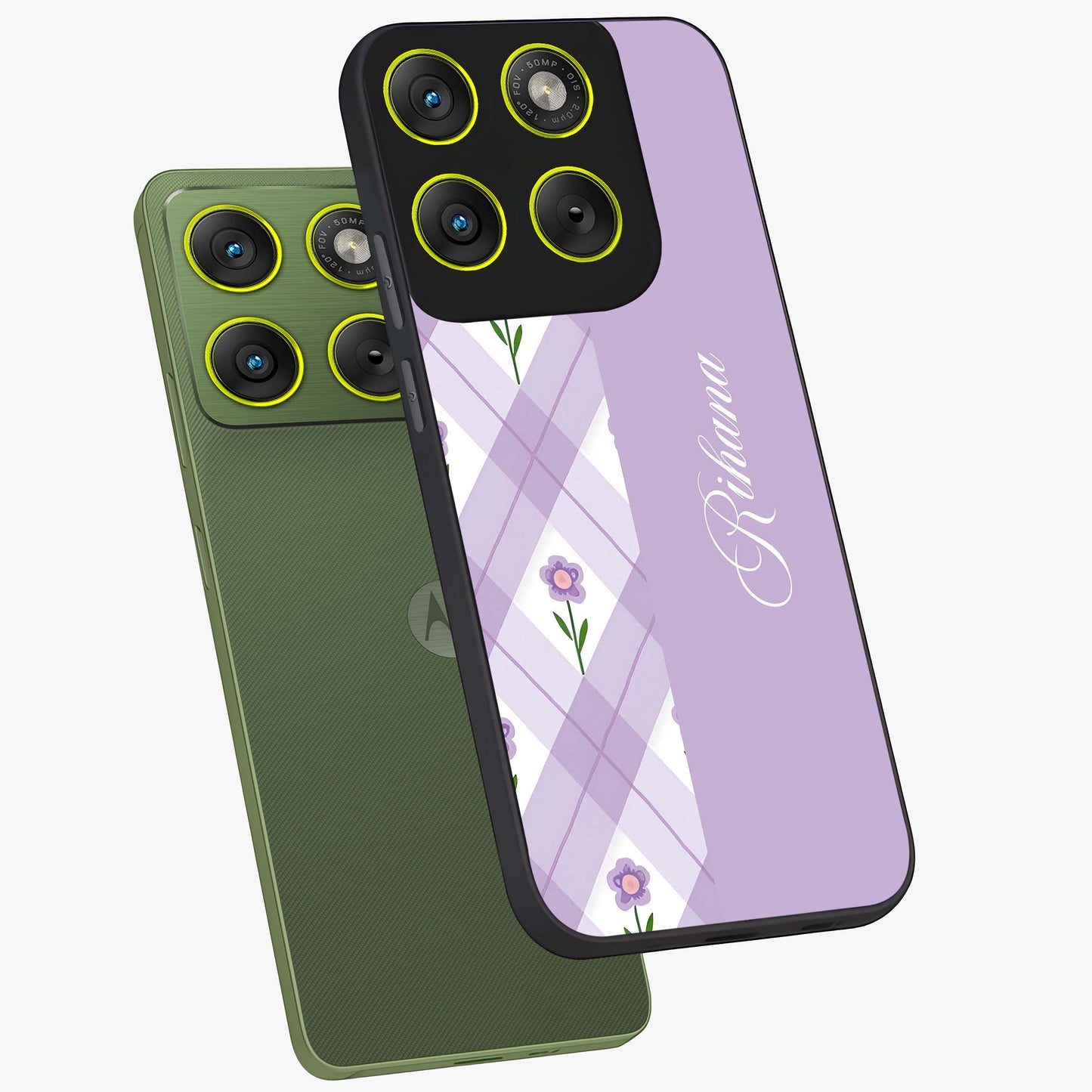 Purple Diamond Floral Glass Case displayed in angled mockup highlighting elegant purple flower design with decorative pattern.