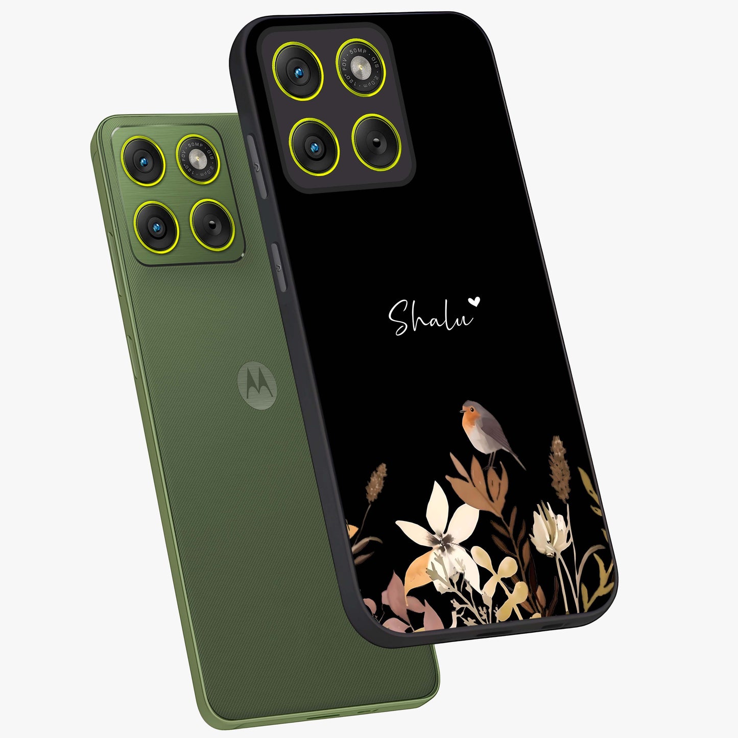 Quiet Garden Tune Custom Name Glass Case displayed in angled mockup highlighting delicate floral garden design with custom name feature.