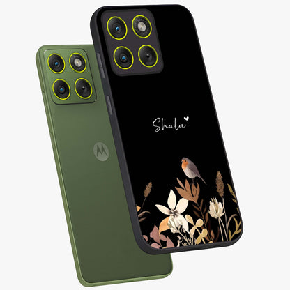 Quiet Garden Tune Custom Name Glass Case displayed in angled mockup highlighting delicate floral garden design with custom name feature.