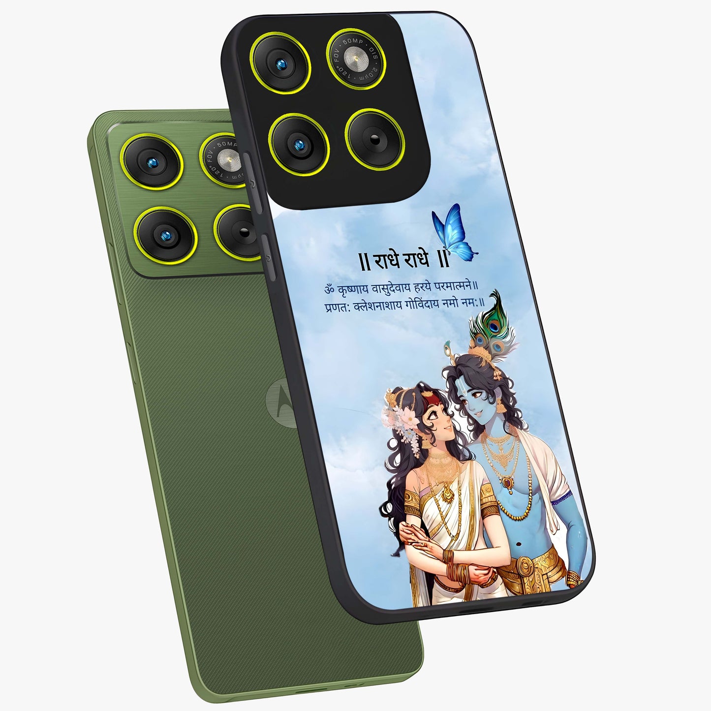 Radha Krishna Eternal Glass Case displayed in angled mockup highlighting divine Radha Krishna illustration with spiritual aesthetic.